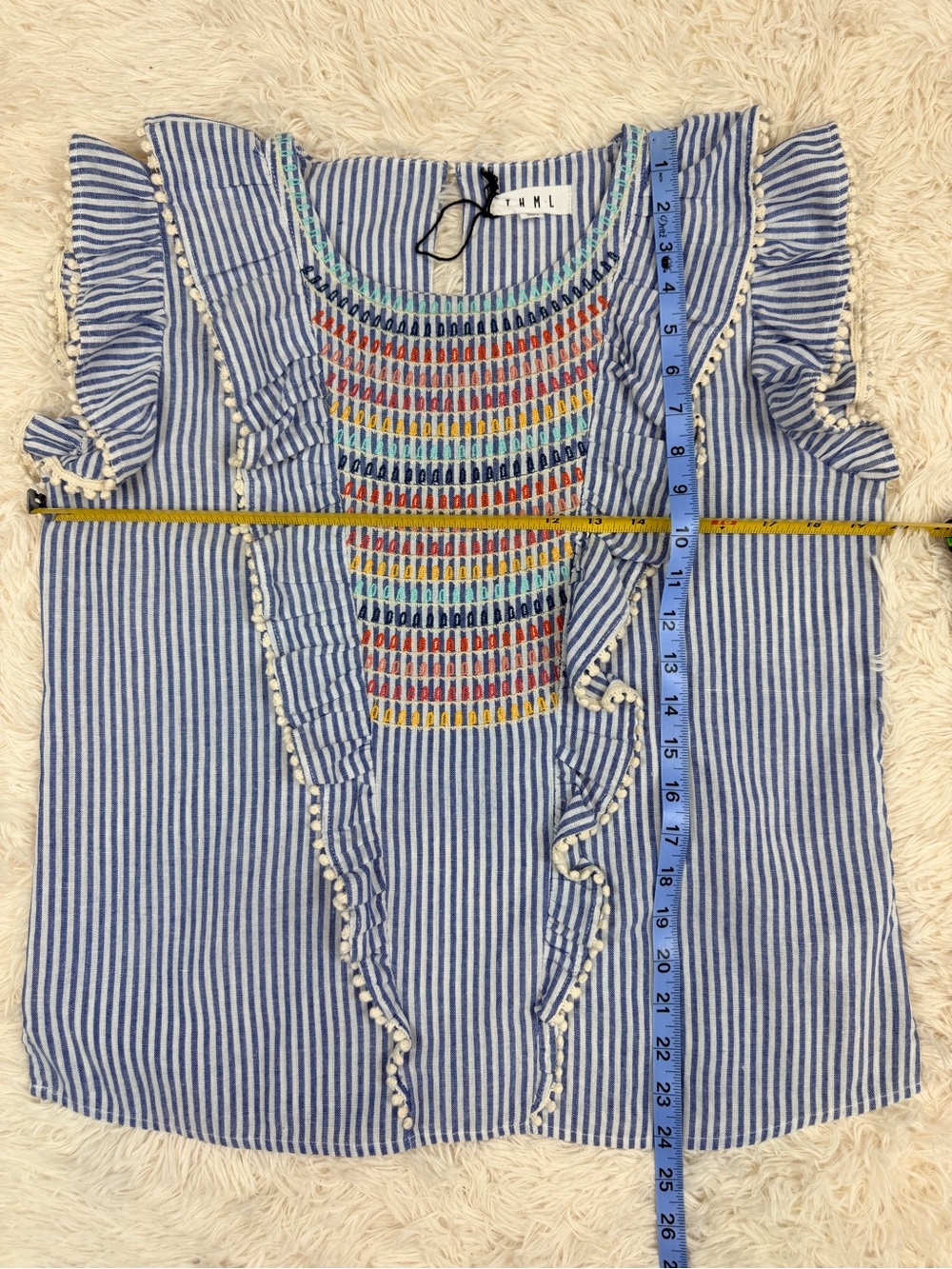THML Embroidered Stripe Ruffle Top Pom Pom Boho Blouse Size Large NEW - Picture 5 of 7